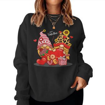 Happy Valentines Day Gnomes With Leopard Sunflower Valentine V3 Women Crewneck Graphic Sweatshirt - Seseable