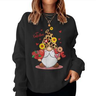 Happy Valentines Day Gnomes With Leopard Sunflower Valentine V7 Women Crewneck Graphic Sweatshirt - Seseable