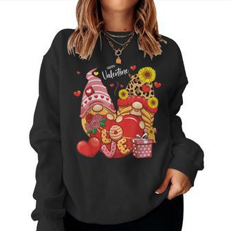 Happy Valentines Day Gnomes With Leopard Sunflower Valentine V8 Women Crewneck Graphic Sweatshirt - Seseable