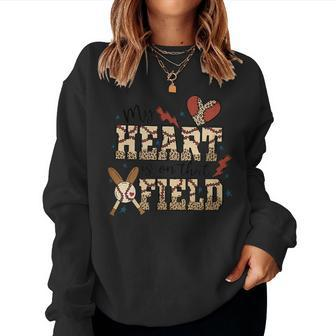 My Heart Is On That Field Baseball Leopard Mom Softball Women Sweatshirt | Mazezy