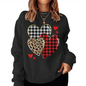 Heart Leopard Buffalo Red Plaid Funny Valentines Day Women Women Crewneck Graphic Sweatshirt - Seseable