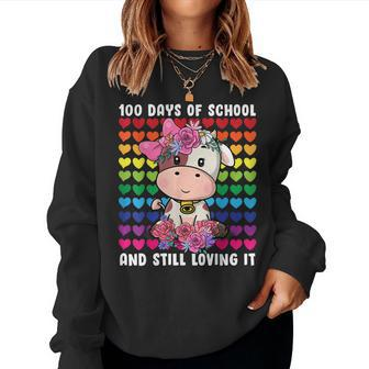 Heart Love 100 Days Of School Cute Cow Teacher Boys Girls Women Sweatshirt | Mazezy