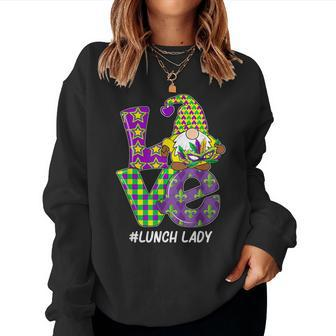 I Love Mardi Gras Lunch Lady Teacher Gnome Plaid Leopard Women Crewneck Graphic Sweatshirt - Seseable