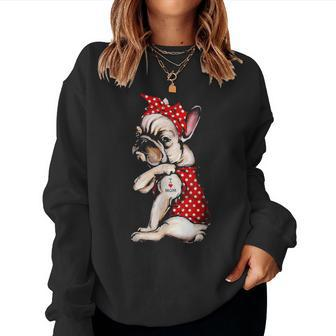 I Love Mom Tattoo Funny French Bulldog Dog Wearing Bandana Women Crewneck Graphic Sweatshirt - Seseable