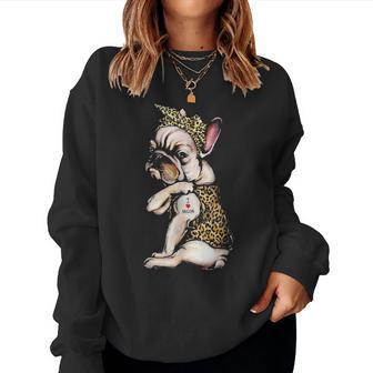 I Love Mom Tattoo Funny French Bulldog Dog With Bandana Women Crewneck Graphic Sweatshirt - Seseable
