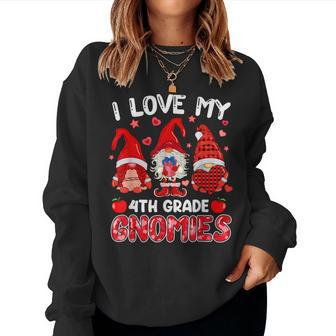 I Love My 4Th Grade Gnomies Valentine Heart Gnome Teacher Women Crewneck Graphic Sweatshirt - Seseable