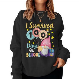 I Survived 100 Days Of School Funny Gnomes Teacher Kids Gift Women Crewneck Graphic Sweatshirt - Seseable
