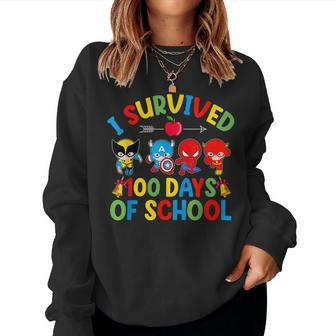 I Survived 100 Days Of School Teacher & Kid Gift Superheroes Women Crewneck Graphic Sweatshirt - Thegiftio UK