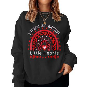 I Teach The Sweetest Hearts Rainbow Leopard Valentines Cute Women Crewneck Graphic Sweatshirt - Seseable