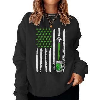 Irish American Flag Draft Beer Shamrock St Patricks Day Women Crewneck Graphic Sweatshirt - Seseable