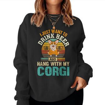 I Just Want To Drink Beer & Hang With My Corgi Retro Sunset Women Sweatshirt | Mazezy