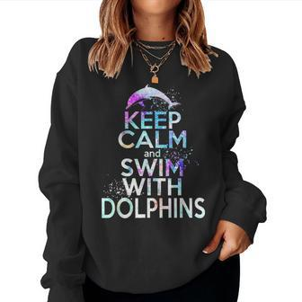 Keep Calm Swim With Dolphins Women Girls Kid Mom Beach Lover 2247 Women Crewneck Graphic Sweatshirt - Seseable