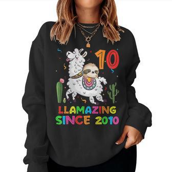 Kids Sloth Riding Llama Cute Llamazing 10Th Birthday Gifts Kids Women Crewneck Graphic Sweatshirt - Seseable