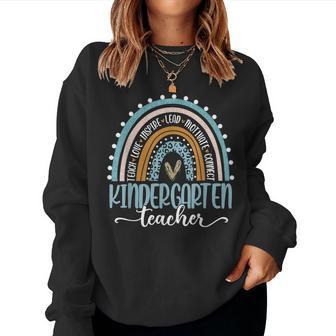 Kindergarten Teacher Leopard Rainbow 100 Days Of School Women Crewneck Graphic Sweatshirt - Seseable