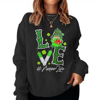 Leopard Love Nurse Life Gnome Shamrock St Patricks Day Women Crewneck Graphic Sweatshirt - Seseable