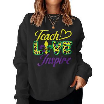 Leopard Teach Love Inspire Mardi Gras Teacher V2 Women Crewneck Graphic Sweatshirt - Seseable