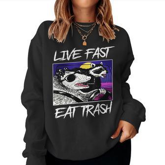 Live Fast Eat Trash Panda Raccoon Opossum Enthusiasts Women Crewneck Graphic Sweatshirt - Seseable