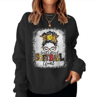 Loud & Proud Softball Aunt Messy Bun Leopard Bleached Women Crewneck Graphic Sweatshirt - Seseable