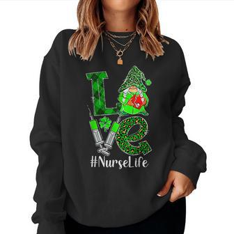 Love Gnome Nurse Life Er Rn St Patricks Day Leopard Shamrock V2 Women Crewneck Graphic Sweatshirt - Seseable