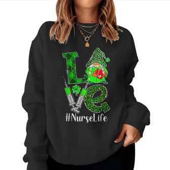 Love Gnome Nurse Life St Patricks Day Leopard Shamrock Women Crewneck Graphic Sweatshirt - Seseable