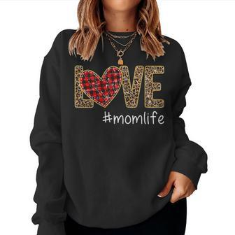 Love Momlife Mom Life Leopard Buffalo Plaid Heart Women Crewneck Graphic Sweatshirt - Seseable