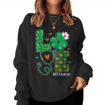 Love Pcu Nurse Life Leopard Shamrock St Patricks Day Women Crewneck Graphic Sweatshirt - Seseable