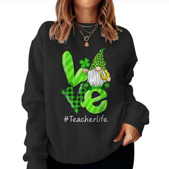 Love Teacher Life Gnome Leopard Shamrock St Patricks Day V2 Women Crewneck Graphic Sweatshirt - Seseable