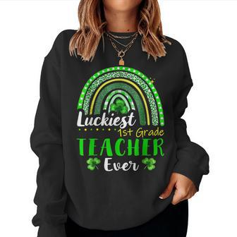 Luckiest 1St Grade Teacher Ever St Patricks Day Rainbow Women Crewneck Graphic Sweatshirt - Seseable