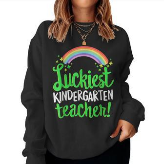 Luckiest Kindergarten Teacher St Patricks Day Women Crewneck Graphic Sweatshirt - Seseable