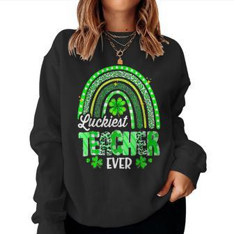 Luckiest Teacher Ever Rainbow Shamrock Cute St Patricks Day Women Crewneck Graphic Sweatshirt - Seseable