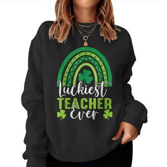Luckiest Teacher Ever Rainbow Shamrock St Patricks Day Women Crewneck Graphic Sweatshirt - Seseable