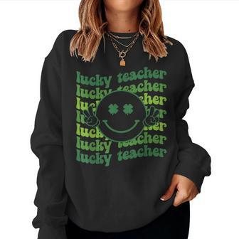Lucky Teacher Retro Groovy Saint Patricks Day Funny Irish Women Crewneck Graphic Sweatshirt - Thegiftio