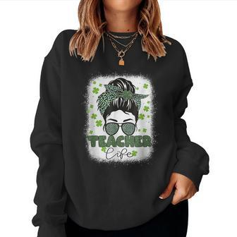 Lucky Teacher St Patrick Teacher Messy Bun Bleached Green Women Crewneck Graphic Sweatshirt - Seseable