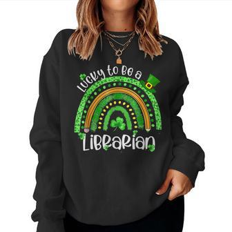 Lucky To Be A Librarian Rainbow Leopard St Patricks Day Women Crewneck Graphic Sweatshirt - Seseable