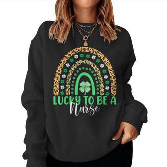 Lucky To Be A Nurse Rainbow Leopard St Patricks Day Women Women Crewneck Graphic Sweatshirt - Seseable