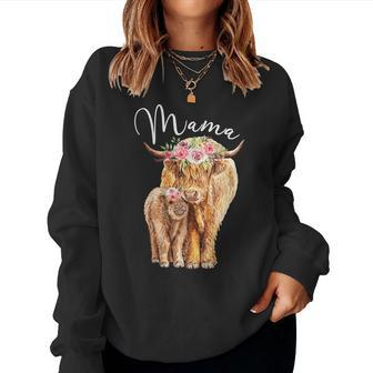 Mama Highland Cow With Baby Calf Floral Mom Women Sweatshirt | Mazezy