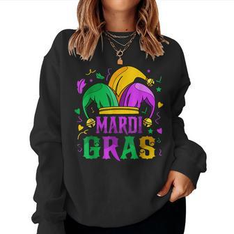 Mardi Gras Jester Hat Beads Mask New Orleans Men Women Women Crewneck Graphic Sweatshirt - Seseable