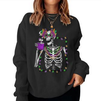 Mardi Gras Skeleton Drinking Coffee Mask Beads Women Crewneck Graphic Sweatshirt - Thegiftio UK