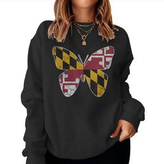 Maryland Flag Butterfly Home State Vintage Distressed Women Crewneck Graphic Sweatshirt - Seseable