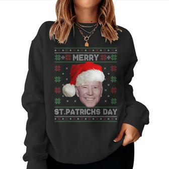 Merry St Patricks Day Funny Santa Joe Biden Ugly Christmas Women Crewneck Graphic Sweatshirt - Seseable