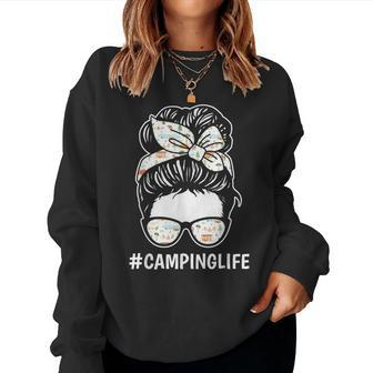 Messy Hair Woman Bun Band Mom Marching Queen Rv Camping Gift Women Crewneck Graphic Sweatshirt - Thegiftio UK