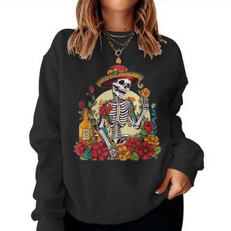 Mexican Skull Drink Tequila Cinco De Mayo Fiesta Lover Women Crewneck Graphic Sweatshirt - Thegiftio UK