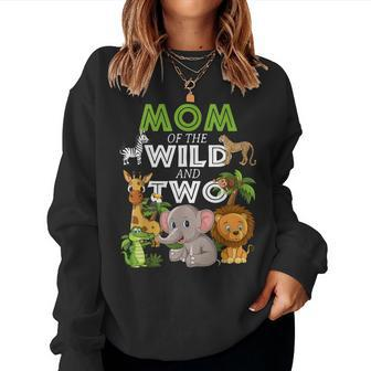 Mom Of The Wild Two Zoo Birthday Safari Jungle Animal Women Crewneck Graphic Sweatshirt - Seseable