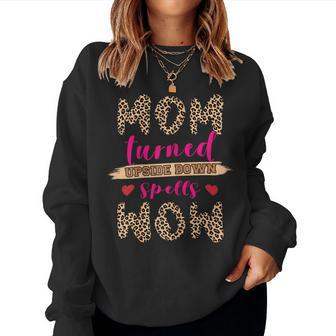 Womens Mom Turned Upside Down Spells Wow Mom Qoute Leopard Print Women Sweatshirt | Mazezy