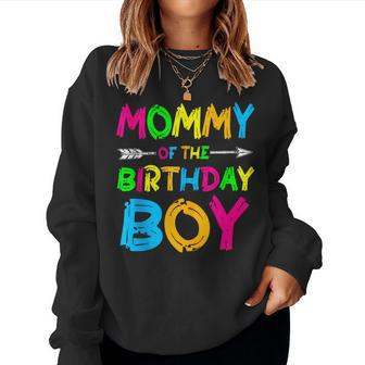 Mommy Of The Birthday Boy Paint Splatter Glow Party Themed Women Sweatshirt | Mazezy