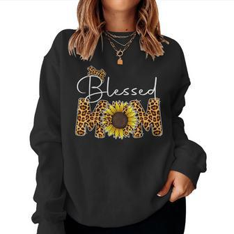 Mothers Day Blessed Mom Leopard Print Sunflower Women Crewneck Graphic Sweatshirt - Thegiftio UK