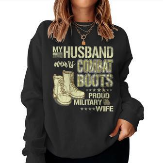 My Husband Wears Combat Boots Dog Tags - Proud Military Wife Women Crewneck Graphic Sweatshirt - Seseable