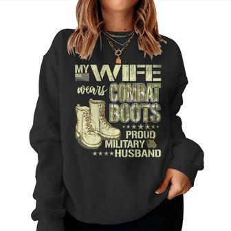 My Wife Wears Combat Boots Dog Tags Proud Military Husband Women Crewneck Graphic Sweatshirt - Seseable