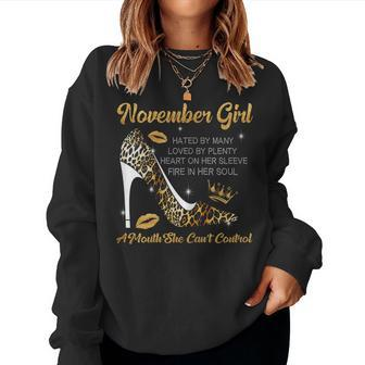 Womens November Girl Hated By Many Leopard High Heels Birthday Sweatshirt | Mazezy