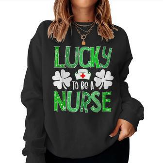 Nurse St Patricks Day Lucky To Be A Nurse Shamrocks Plaid Women Crewneck Graphic Sweatshirt - Thegiftio UK